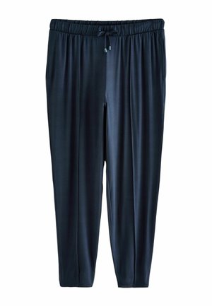 Dark blue elastic waist pants with a drawstring, smooth texture, tapered legs, and no visible patterns or hardware details.