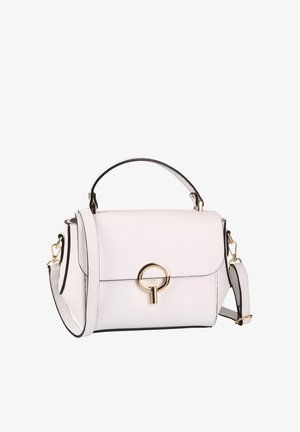 Weiße Lederhandtasche mit Top-Griff, verstellbarem Schulterriemen und goldenem runden Verschluss auf der Vorderklappe.