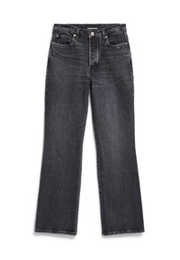 Jean noir taille haute à jambe droite avec bouton à l'avant, fermeture éclair, cinq poches et étiquette de marque visible sur la ceinture intérieure.