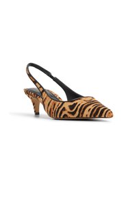 Pointed toe slingback heels with a black strap, featuring a tan and black tiger stripe pattern and a small, tapered heel.