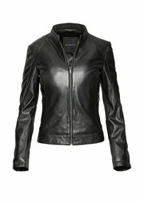 Black leather jacket with a zip closure, stand collar, long sleeves, and side pockets. Features smooth texture and fitted design.