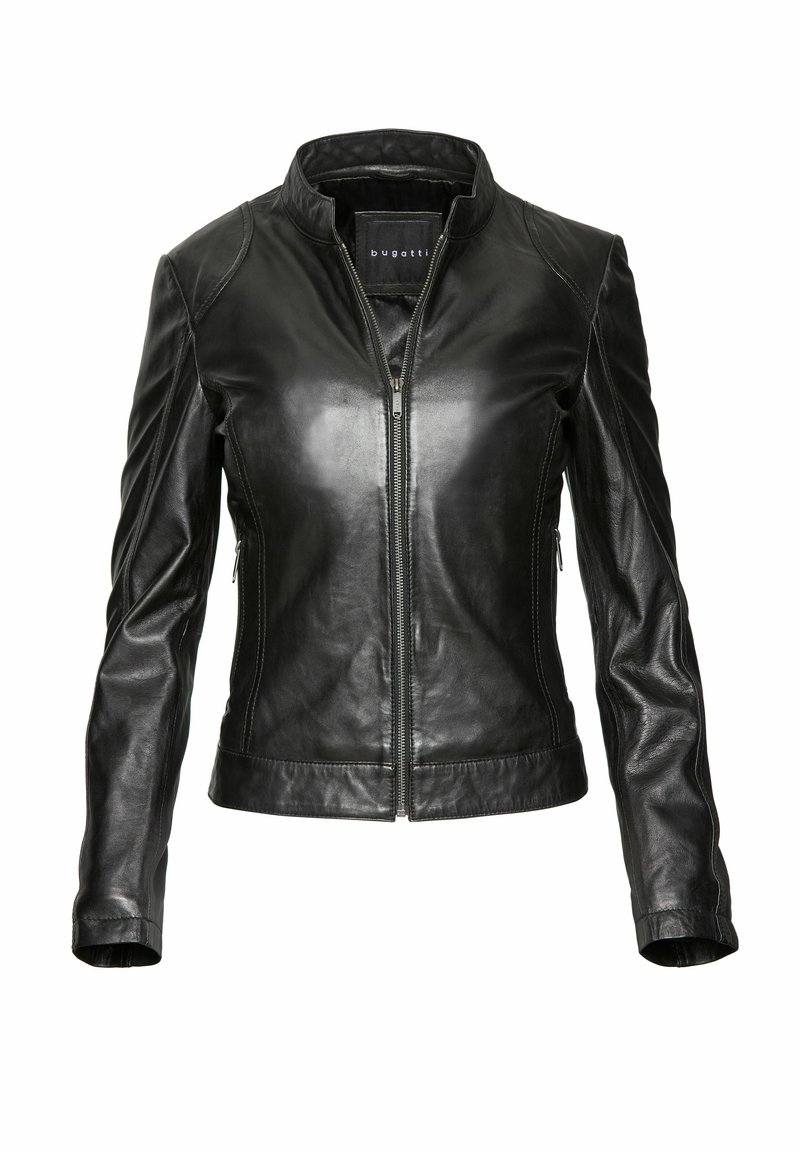 Black leather jacket with a zip closure, stand collar, long sleeves, and side pockets. Features smooth texture and fitted design.