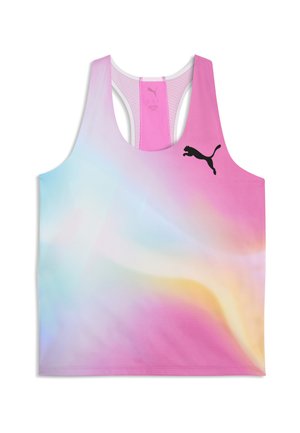 Top sportivo senza maniche con schiena a racerback e degradé rosa, blu e giallo, con logo Puma nero sul petto in alto a sinistra.
