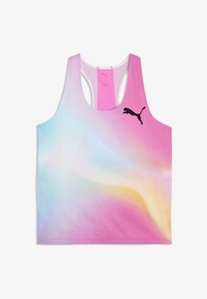 Top sportivo senza maniche con schiena a racerback e degradé rosa, blu e giallo, con logo Puma nero sul petto in alto a sinistra.