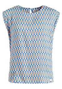 Haut sans manches avec motif géométrique en forme de goutte bleu, blanc et orange et petite fermeture à bouton au dos, au niveau de l'encolure.