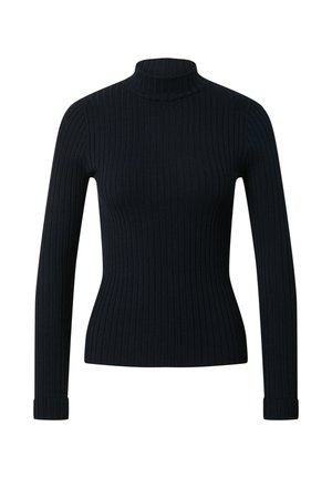 Navy geribbelde coltrui met lange mouwen en een fitted ontwerp. De stof heeft een soepele textuur en een subtiel verticaal patroon.