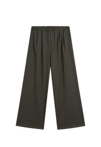 Pantaloni a gamba larga in tessuto verde scuro, con vita elasticizzata, design plissettato e texture liscia. Stile classico e versatile.