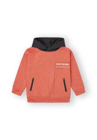 Sudadera color coral con capucha gris oscura, que presenta un bolsillo frontal con cremallera y un gráfico de texto. Hecha de un tejido suave y texturizado. Puños y dobladillo acanalados.