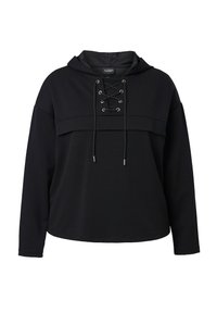 Černá mikina s dlouhým rukávem a kapucí, s šněrováním vpředu a šňůrkami, volný střih a vrstvený design na hrudi.