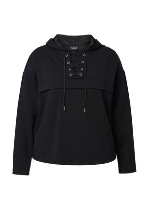 Schwarzes Langarm-Hoodie mit Schnürung vorne und Kordelzügen, lockere Passform und geschichtetem Brustdesign.