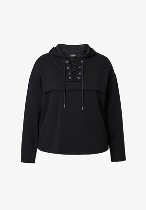 Schwarzes Langarm-Hoodie mit Schnürung vorne und Kordelzügen, lockere Passform und geschichtetem Brustdesign.