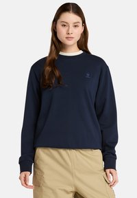 Felpa navy con maniche lunghe, polsini a coste, scollatura rotonda e una piccola toppa con logo sul petto, realizzata in morbido tessuto misto cotone.