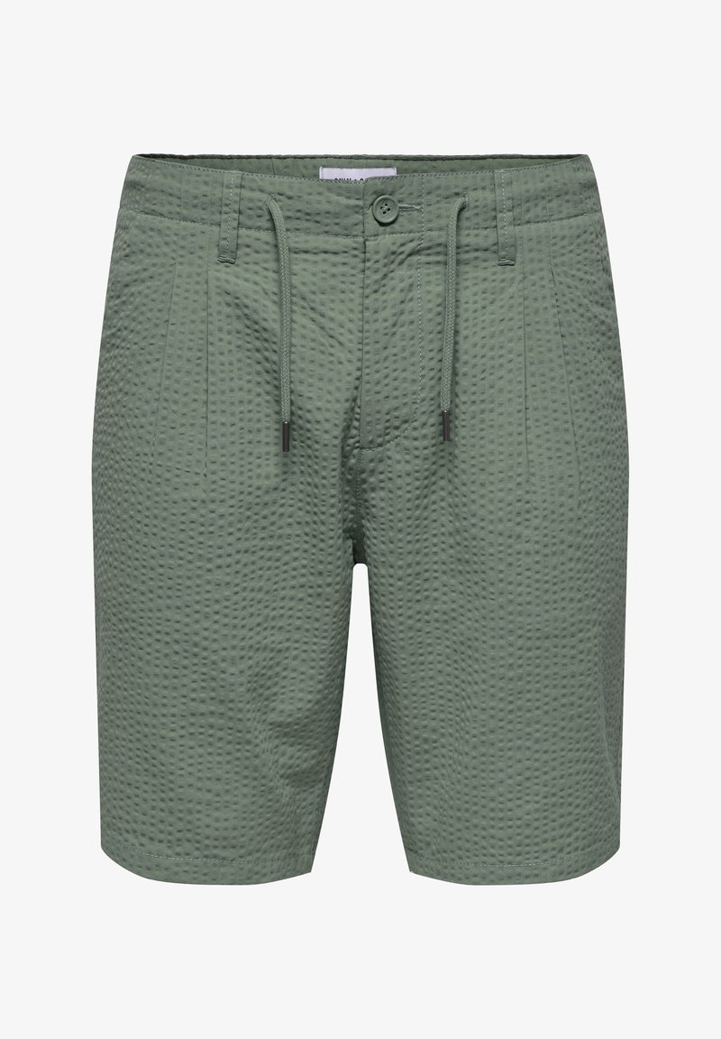 Shorts verts avec un motif texturé, taille élastique à cordon de serrage et fermeture à bouton à l'avant. Convient pour un usage décontracté.