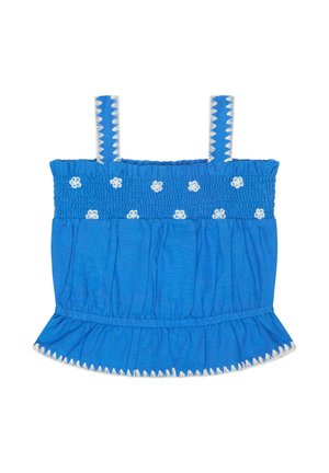 Blaues ärmelloses, gerafftes Oberteil mit weißer Blumenstickerei, Zickzackbesatz an den Trägern und am Saum sowie einem gerafften, peplumartigen unteren Rand.