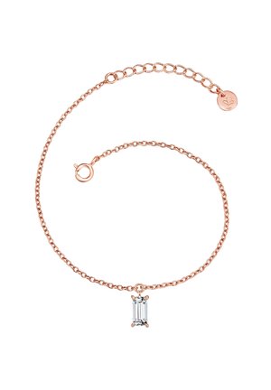 Armband aus Roségold mit einem emeraldförmigen Kristallanhänger, zarten Gliedern und einem kleinen runden Anhänger mit floraler Umrissform.