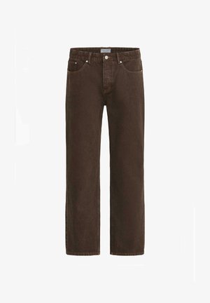 Brown denim jeans with a straight-leg cut, five-pocket design, and metal hardware. Features a button closure and branded waistband tag.