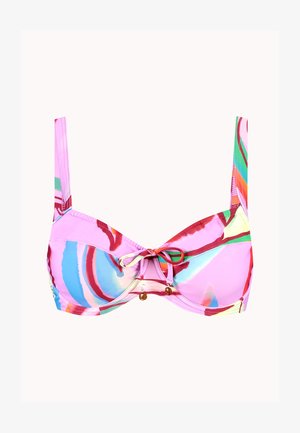Bikini-Oberteil in verschiedenen Farben in Pink, mit abstrakten Mustern, verstellbaren Trägern und einer zentralen Schleife mit dekorativen Metallakzenten.