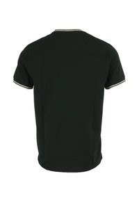 T-shirt a maniche corte verde scuro con colletto a costine con strisce bianche e taglio dritto. Tessuto in cotone liscio con vista posteriore.