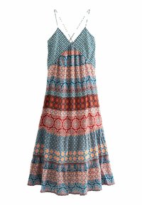 Robe maxi sans manches avec décolleté en V, fines bretelles croisées et rayures horizontales multicolores à motifs floraux et géométriques.