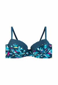 Soutien-gorge à armatures avec motif floral bleu, ornée de dentelle en crochet sur les bonnets et de bretelles réglables, avec une bande lisse et élégante.