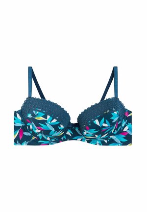 Soutien-gorge à armatures avec motif floral bleu, ornée de dentelle en crochet sur les bonnets et de bretelles réglables, avec une bande lisse et élégante.