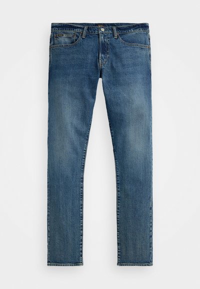 Faded blue denim jeans with a classic five-pocket design, straight legs, and visible stitching details along the seams.