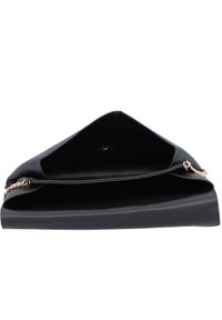 Black leather clutch bag with a folded design, gold chain strap, and a button closure. Smooth texture and no visible patterns or accents.