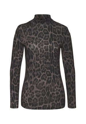 Long-sleeve turtleneck top in dark gray with a black leopard print pattern. Made from a soft, stretchy fabric. Fitted silhouette with a smooth texture.