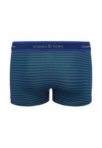 Bokserki w granatowo-zielone paski, z jednolitą niebieską gumką z napisem "slopes & town". Miękki, elastyczny materiał i dopasowany krój.