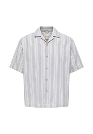Kortærmet skjorte i lysegrå med lodrette hvide striber, med krave og seks knapper foran. Blødt tekstureret stof.