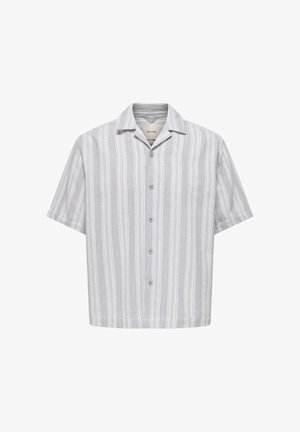 Trumpomis rankovėmis marškiniai šviesiai pilkos spalvos su vertikaliomis baltomis juostelėmis, su apykakle ir šešiomis sagomis priekyje. Minkšta tekstūruota medžiaga.