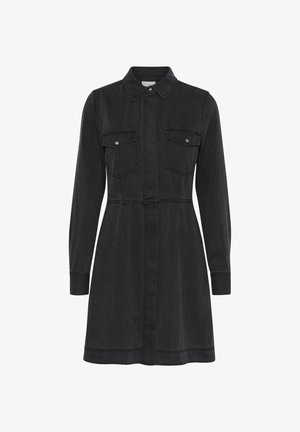 Sort denimkjole med lange ærmer, krave og knaplukning foran. Har to brystlommer og en tætsiddende talje med en udvidet nederdel.