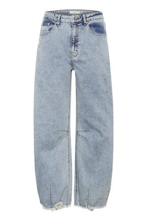 Light blue denim jeans with a relaxed fit, featuring frayed hems and cross-stitch details for added texture and design interest.