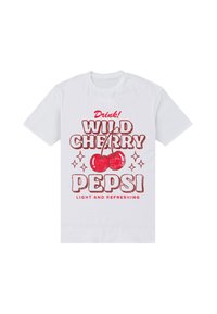 Bílý bavlněný tričko s červeným textem a grafickým designem. Text obsahuje "Drink! WILD CHERRY PEPSI" a dvě třešně, hvězdy a "LEHKÉ A OSVĚŽUJÍCÍ."