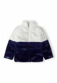 Giacca di pelliccia sintetica con una parte superiore bianca e una parte inferiore blu navy. Presenta un colletto alto e maniche lunghe. Texture morbida.