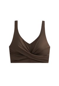 Barna szövetbralett széles pántokkal és mély V-kivágással. Csavarodott elülső dizájnnal és texturált felülettel rendelkezik, sima megjelenést kínál.