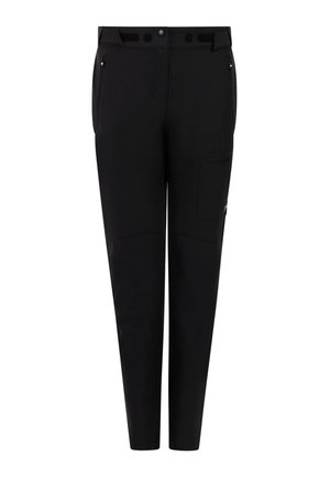 Zwarte slim-fit broek met ritszakken aan de zijkant, verstelbare taillebanden met klittenband en een klein dijbeenzakje aan de rechterkant.