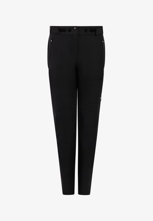 Zwarte slim-fit broek met ritszakken aan de zijkant, verstelbare taillebanden met klittenband en een klein dijbeenzakje aan de rechterkant.