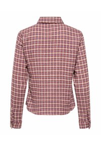 Chemise à manches longues avec un motif à carreaux rouge, blanc et bleu, col et poignets boutonnés, vue de dos.