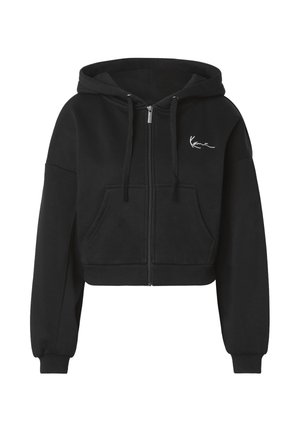 Sort cropped lynlåshættejakke med snøre i hætten, forlommer, ribkanter ved ærmerne og lille hvidt signaturlogo på brystet.