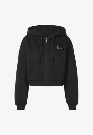 Sort cropped lynlåshættejakke med snøre i hætten, forlommer, ribkanter ved ærmerne og lille hvidt signaturlogo på brystet.