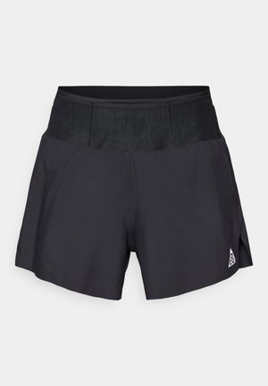 Black athletic shorts with a wide elastic waistband. Features a slight flare at the legs, made from lightweight, breathable material.