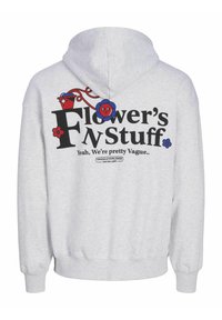 Sweat à capuche gris avec un design graphique coloré contenant le texte "Flower's Fn Stuff" et des fleurs en cartoon aux accents rouges, bleus et noirs.