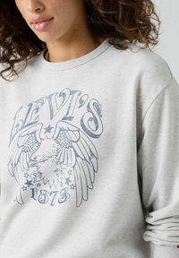 Grijze sweatshirt met een ronde hals. Heeft een blauwe grafische afbeelding van een adelaar en sterren, samen met de tekst "LEVI'S 1873" in vetgedrukte letters.