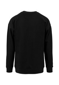 Sort pullover sweatshirt med rund halsudskæring, lange ermer og ribbede manchetter og kant. Glat stof uden synlige mønstre eller detaljer.
