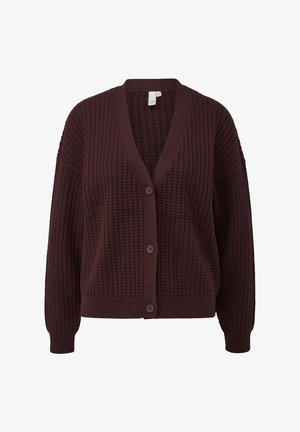 Bordeauxroter Cardigan mit Waffelstruktur, V-Ausschnitt, fünf Knöpfen sowie gerippten Bündchen und Saum. Hergestellt aus weichem Strickmaterial.