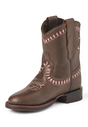 Botte de cowboy en cuir marron avec broderie rose et brides de maintien, avec un talon bas en bois et un bout arrondi.