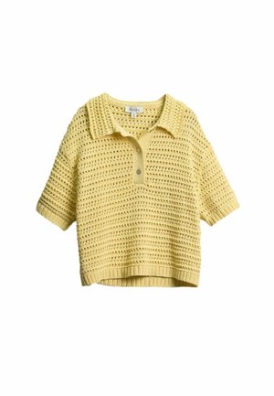 Kollane heegeldatud lühikeste varrukatega polosärk, millel on soonikäärid ja -servad, nööpide rida ja tekstuuriga õõnes muster.