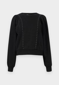 Sweatshirt noir à manches longues, avec des poignets et un ourlet côtelés. Présente des clous décoratifs en argent le long des panneaux avant. Tissu doux et texturé.