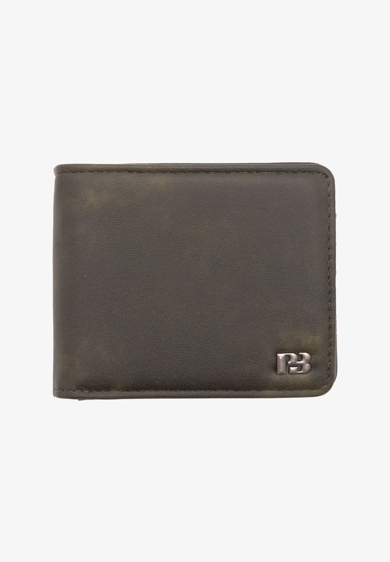 Portefeuille en cuir noir avec une texture lisse, des coins arrondis et un accent en métal. Design compact avec des détails de couture visibles.